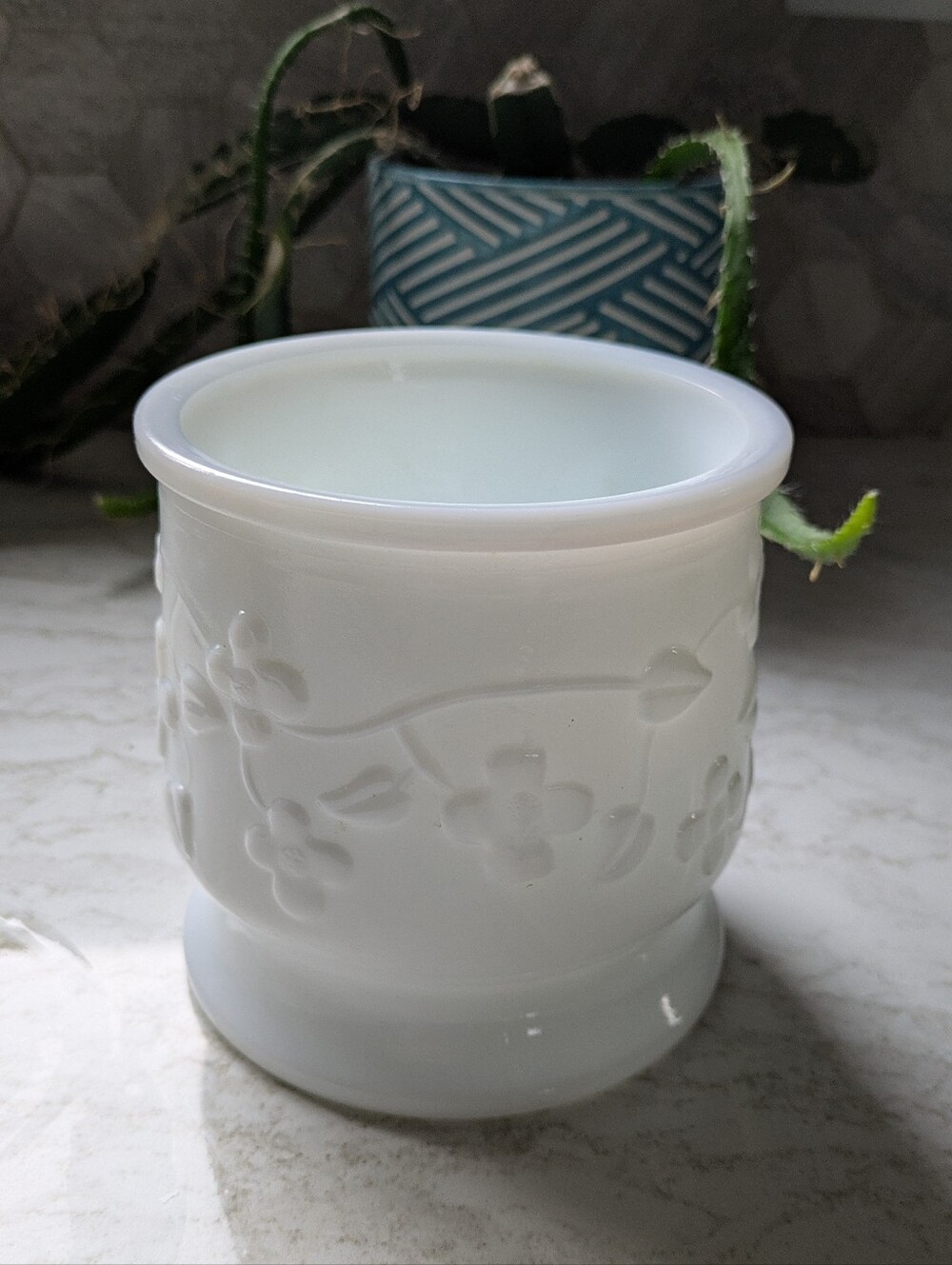 White Milk Glass Floral Embossed Planter